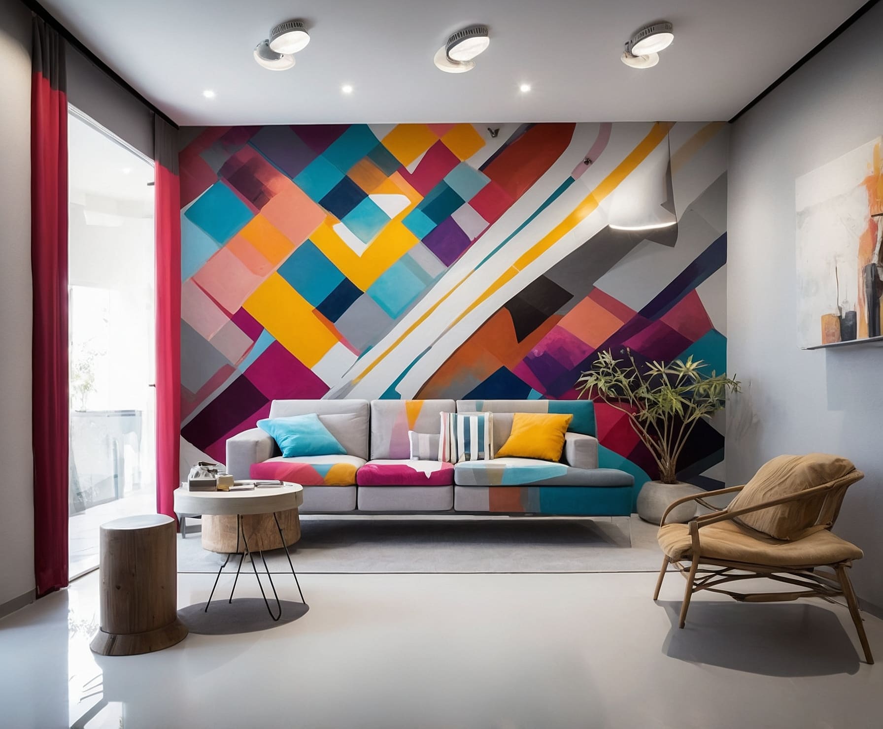 Espacio comercial renovado con colores vibrantes.